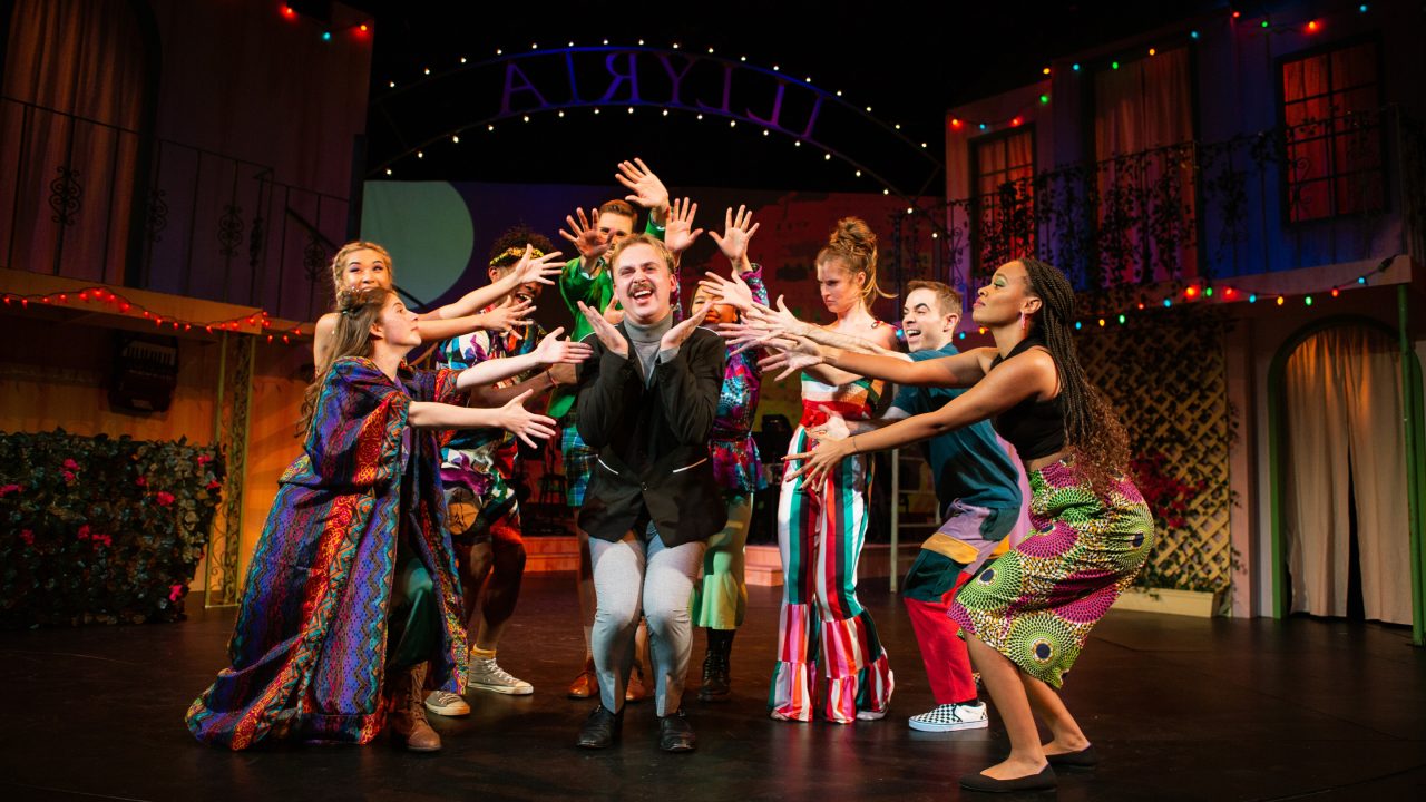 Malvolio (Atticus Shaindlin*,) dreams of becoming Count Malvolio in 'Twelfth Night' at San Francisco Playhouse (L-R: Sam Paley, Amanda Le Nguyen, Jon-David Randle*, Caleb Haven Draper, Jamie Zee, Amanda Farbstein*, Bear Manescalchi, and Tiana Paulding).