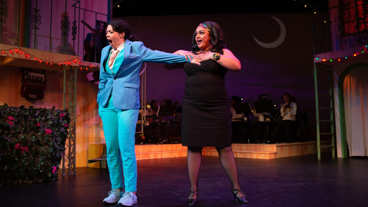 Olivia (Loreigna Sinclair*, right) asks Viola (Sophia Introna*), disguised as Cesario, to be her beloved in 'Twelfth Night' at San Francisco Playhouse.