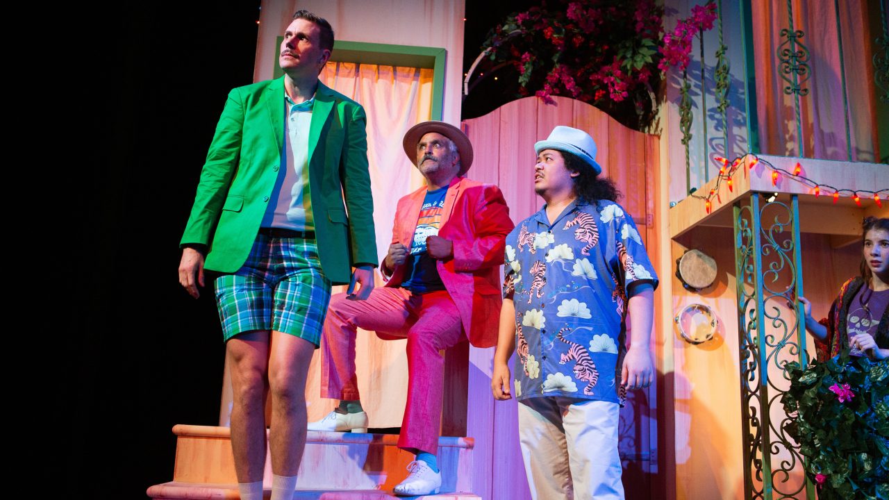 Toby (Michael Gene Sullivan*, center) and Fabian (Tasi Alabastro, center) encourage Andrew (Caleb Haven Draper) to challenge Cesario to a duel in 'Twelfth Night' at San Francisco Playhouse.