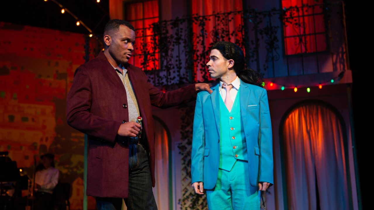 Antonio (Jon-David Randle*) reveals to Sebastian (Bear Manescalchi) that there is a bounty on his head in Illyria and he must be discreet to avoid arrest in 'Twelfth Night' at San Francisco Playhouse.