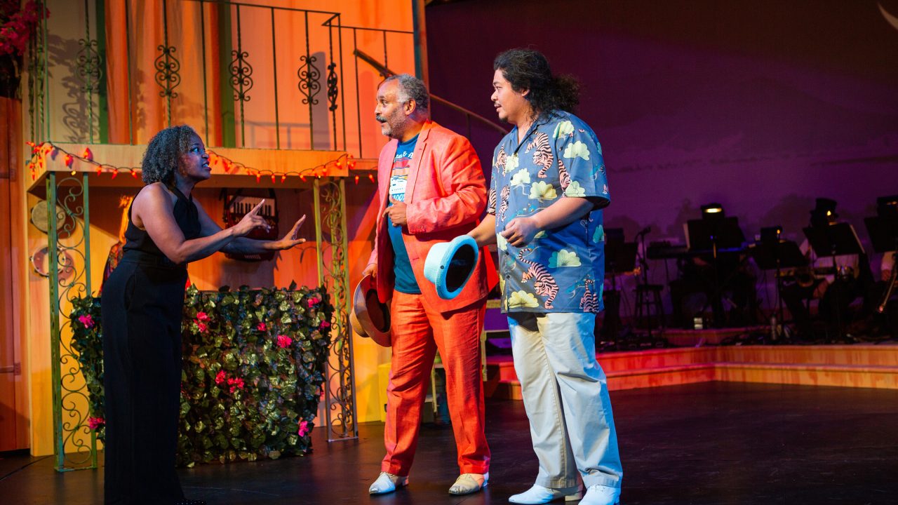 Maria (Cathleen Riddley*) reveals to Toby (Michael Gene Sullivan*) and Fabian (Tasi Alabastro) that Malvolio has fallen for their prank in 'Twelfth Night' at San Francisco Playhouse.