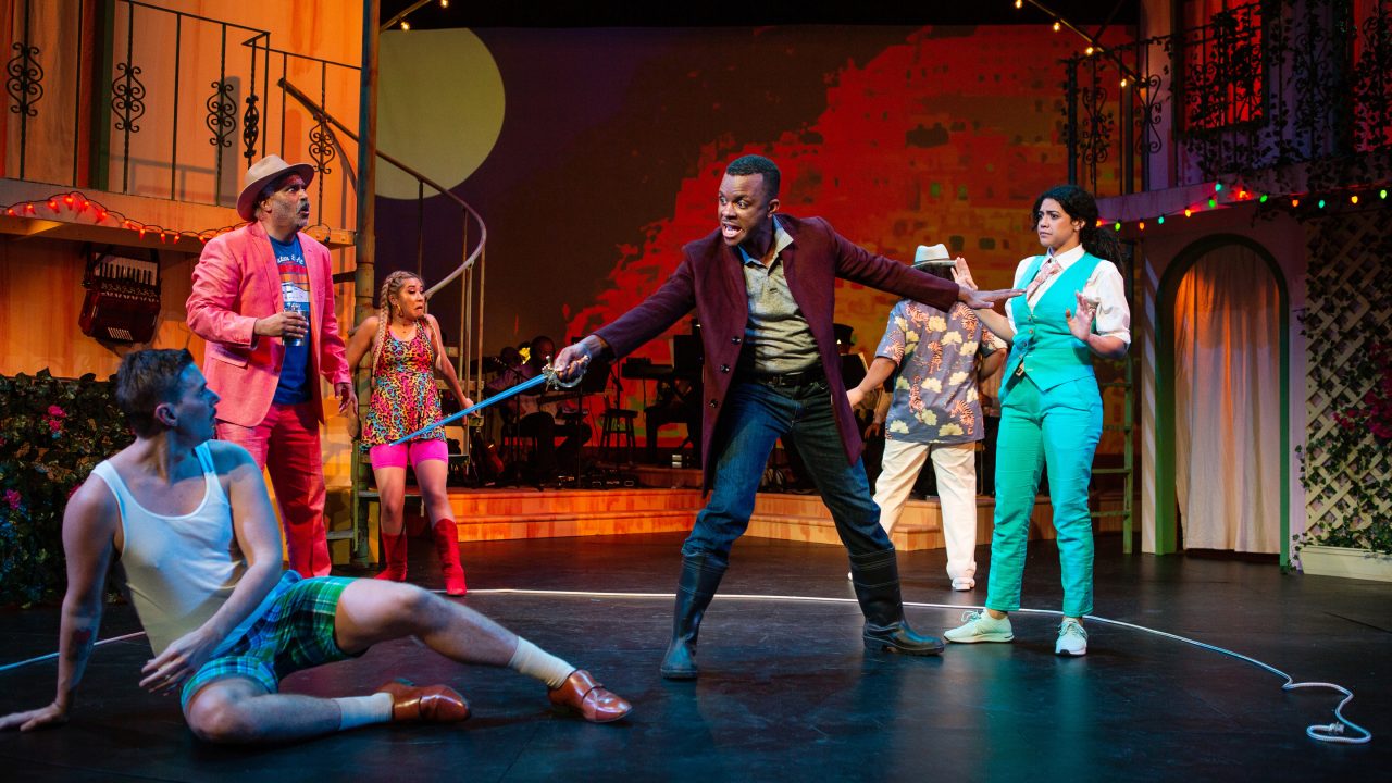 Antonio (Jon-David Randle*), thinking that Viola (Sophia Introna*, right) is Sebastian, intervenes in her duel against Sir Andrew (Caleb Haven Draper, left) as others (L-R: Michael Gene Sullivan*, Amanda Le Nguyen, Tasi Alabastro) look on in 'Twelfth Night' at San Francisco Playhouse.