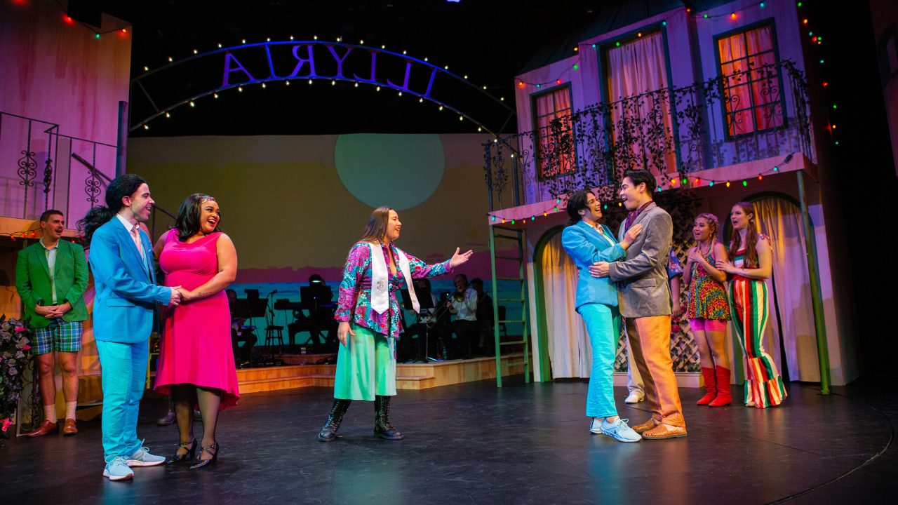 Twins Viola and Sebastian are reunited with each other and their lovers Olivia and Orsino in 'Twelfth Night' at San Francisco Playhouse (L-R: Caleb Haven Draper, Bear Manescalchi, Loreigna Sinclair*, Jamie Zee, Sophia Introna*, Sean Fenton*, Amanda Le Nguyen, Amanda Farbstein*).