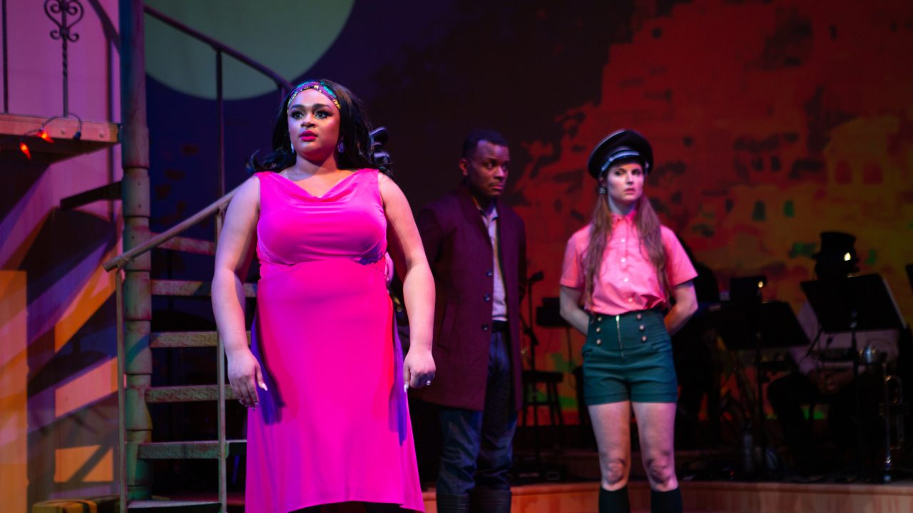 Olivia (Loreigna Sinclair*, front) confronts Cesario while Illyrians (back, L-R: Jon-David Randle* and Amanda Farbstein*) look on in 'Twelfth Night' at San Francisco Playhouse.