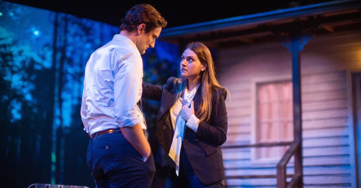 Kevin (Josh Schell*) and Teresa (Ash Malloy*) have a "big conversation" at a reunion in 'Heroes of the Fourth Turning' at San Francisco Playhouse.