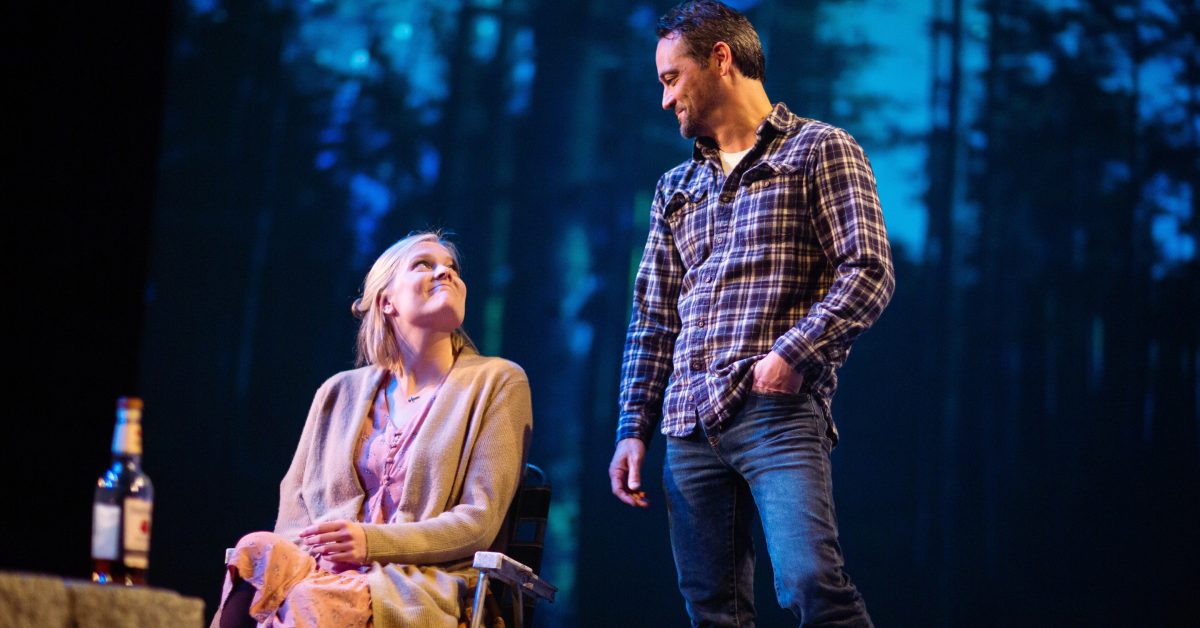 Emily (Wera von Wulfen) and Justin (Johnny Moreno*) have a backyard conversation in 'Heroes of the Fourth Turning' at San Francisco Playhouse.