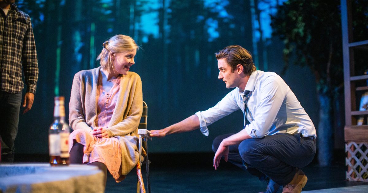 Emily (Wera von Wulfen) and Kevin (Josh Schell*) reconnect in 'Heroes of the Fourth Turning' at San Francisco Playhouse.