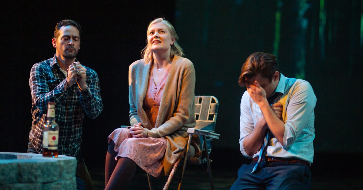 Justin (Johnny Moreno*), Emily (Wera von Wulfen), and Kevin (Josh Schell*) recite the Rosary in 'Heroes of the Fourth Turning' at San Francisco Playhouse..