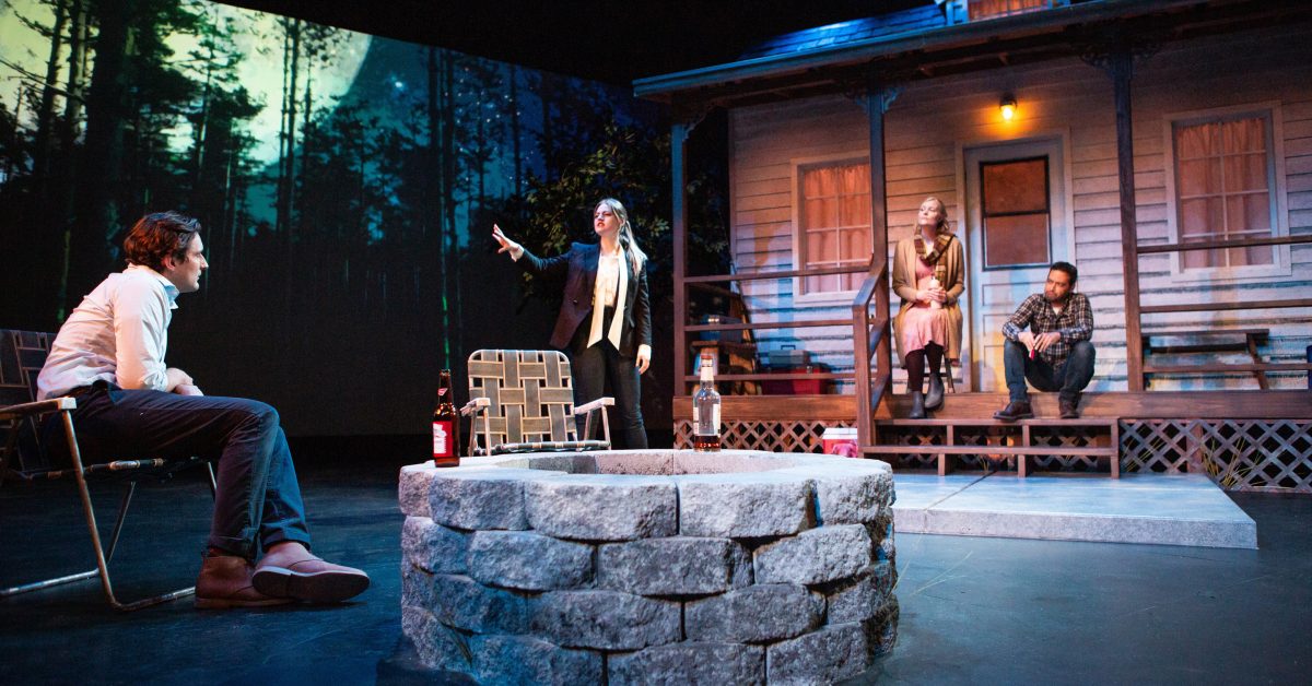 At a backyard reunion, Teresa (Ash Malloy*, center) espouses conservative political theories to former classmates Kevin (Josh Schell*), Emily (Wera von Wulfen) and Justin (Johnny Moreno*) in 'Heroes of the Fourth Turning' at San Francisco Playhouse.