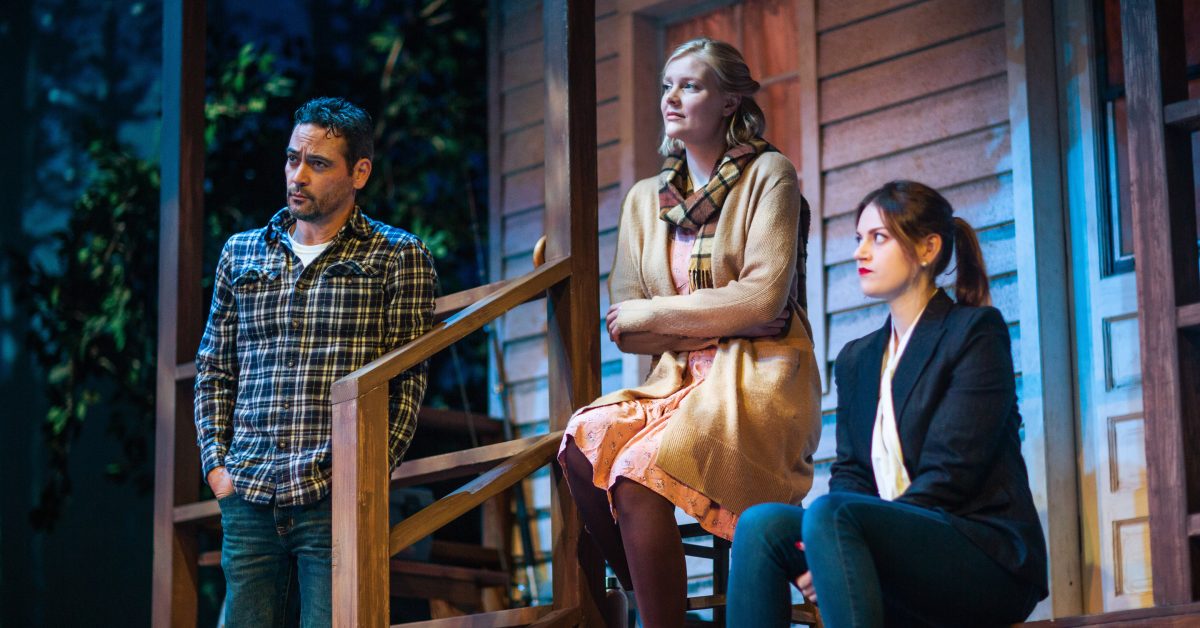 Justin (Johnny Moreno*), Emily (Wera von Wulfen), and Teresa (Ash Malloy*) participate in a heated political discussion in 'Heroes of the Fourth Turning' at San Francisco Playhouse.