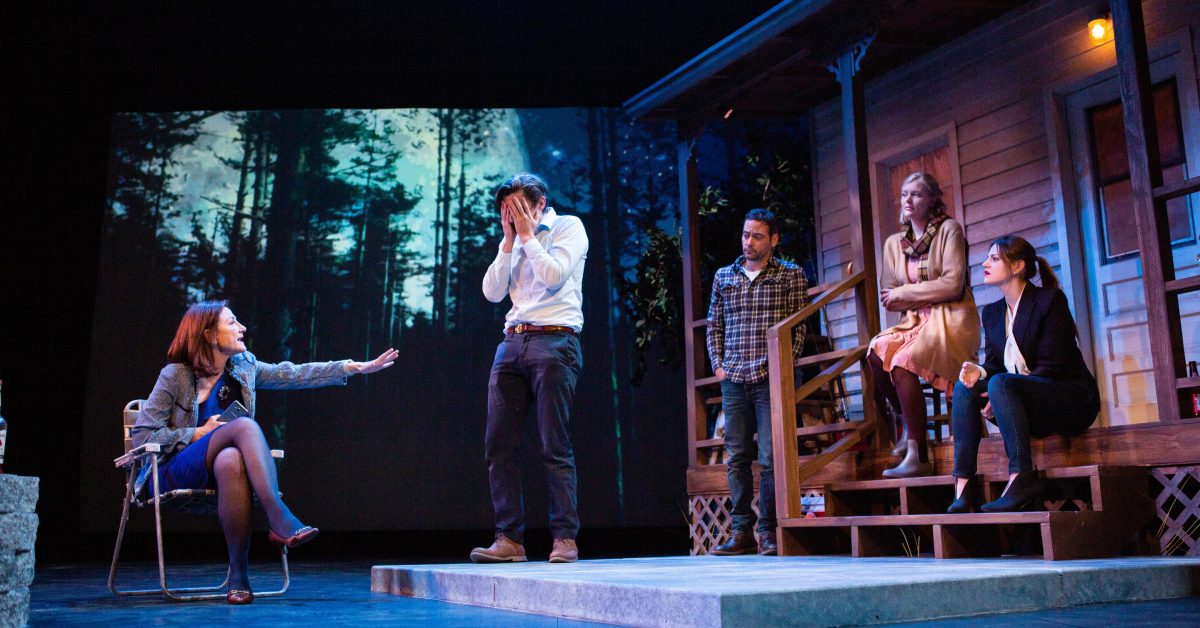 At a backyard reunion in Wyoming, Gina (Susi Damilano*) debates with former students Kevin (Josh Schell*), Justin (Johnny Moreno), Emily (Wera von Wulfen), and Teresa (Ash Malloy*) in 'Heroes of the Fourth Turning' at San Francisco Playhouse.