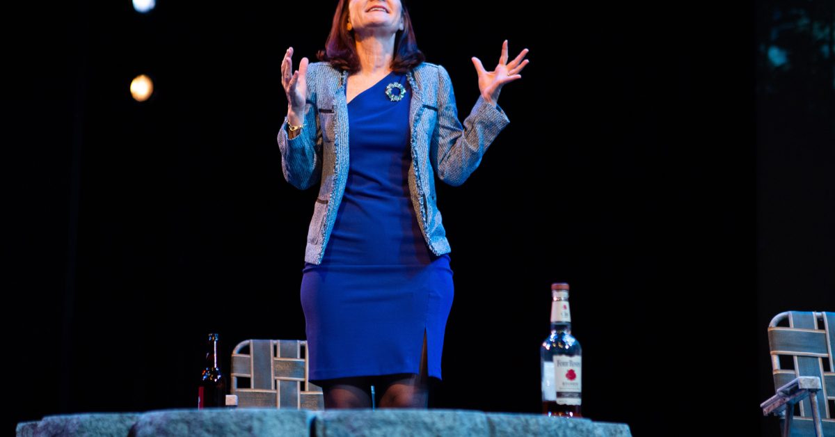 Gina (Susi Damilano*), the newly inaugurated president of Transfiguration College of Wyoming in 'Heroes of the Fourth Turning' at San Francisco Playhouse.