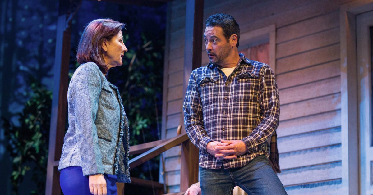 Gina (Susi Damilano*) and Justin (Johnny Moreno*) discuss the curriculum at Transfiguration College in 'Heroes of the Fourth Turning' at San Francisco Playhouse.