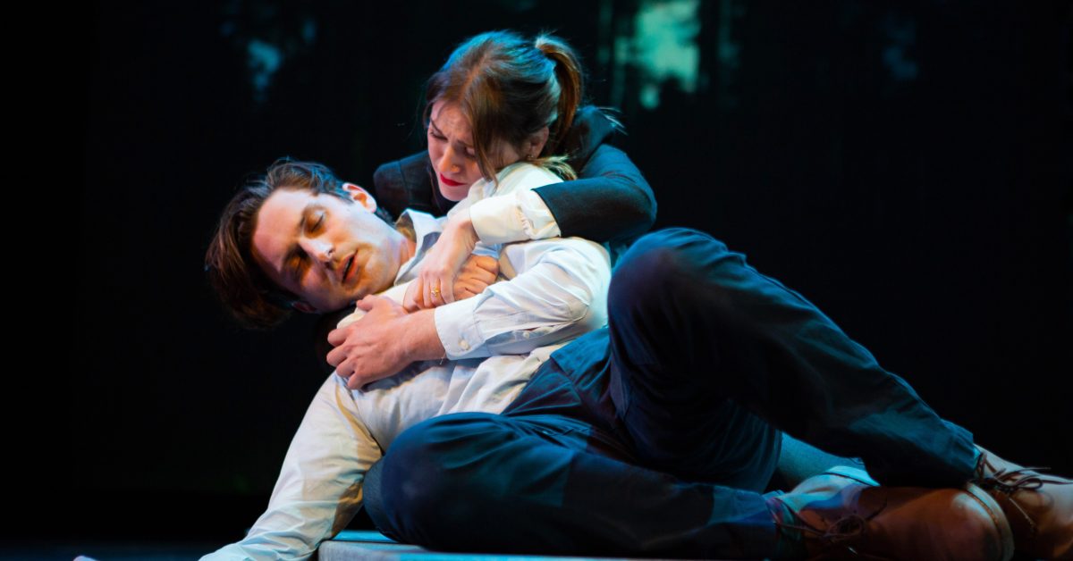 Teresa (Ash Malloy*) comes to Kevin's (Josh Schell*) aid in 'Heroes of the Fourth Turning' at San Francisco Playhouse.