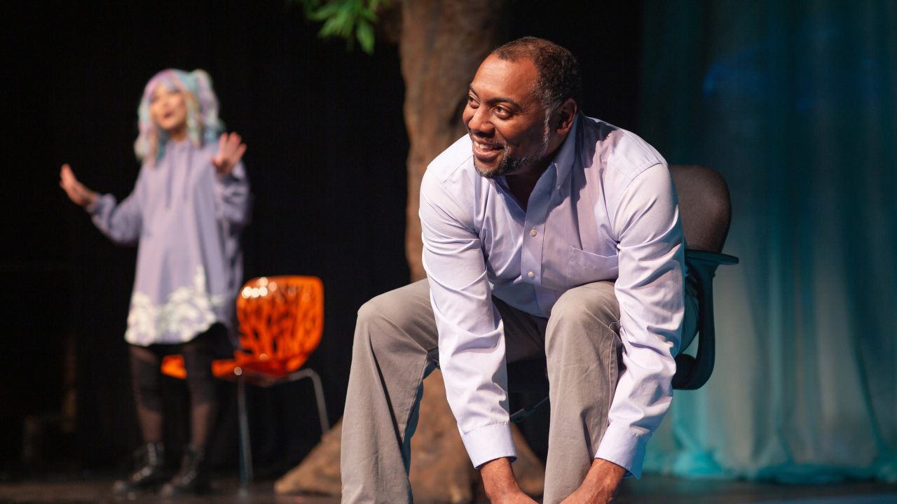 Chutes&Ladders (Dorian Lockett*, right) connects across cyberspace with Orangutan (Sango Tajima) in 'Water by the Spoonful' at San Francisco Playhouse.
