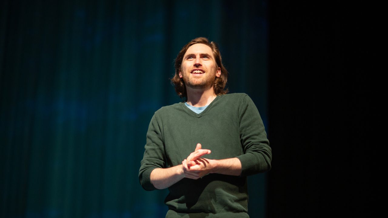 Fountainhead (Ben Euphrat*) turns to an online community to help him recover from addiction in 'Water by the Spoonful' at San Francisco Playhouse.