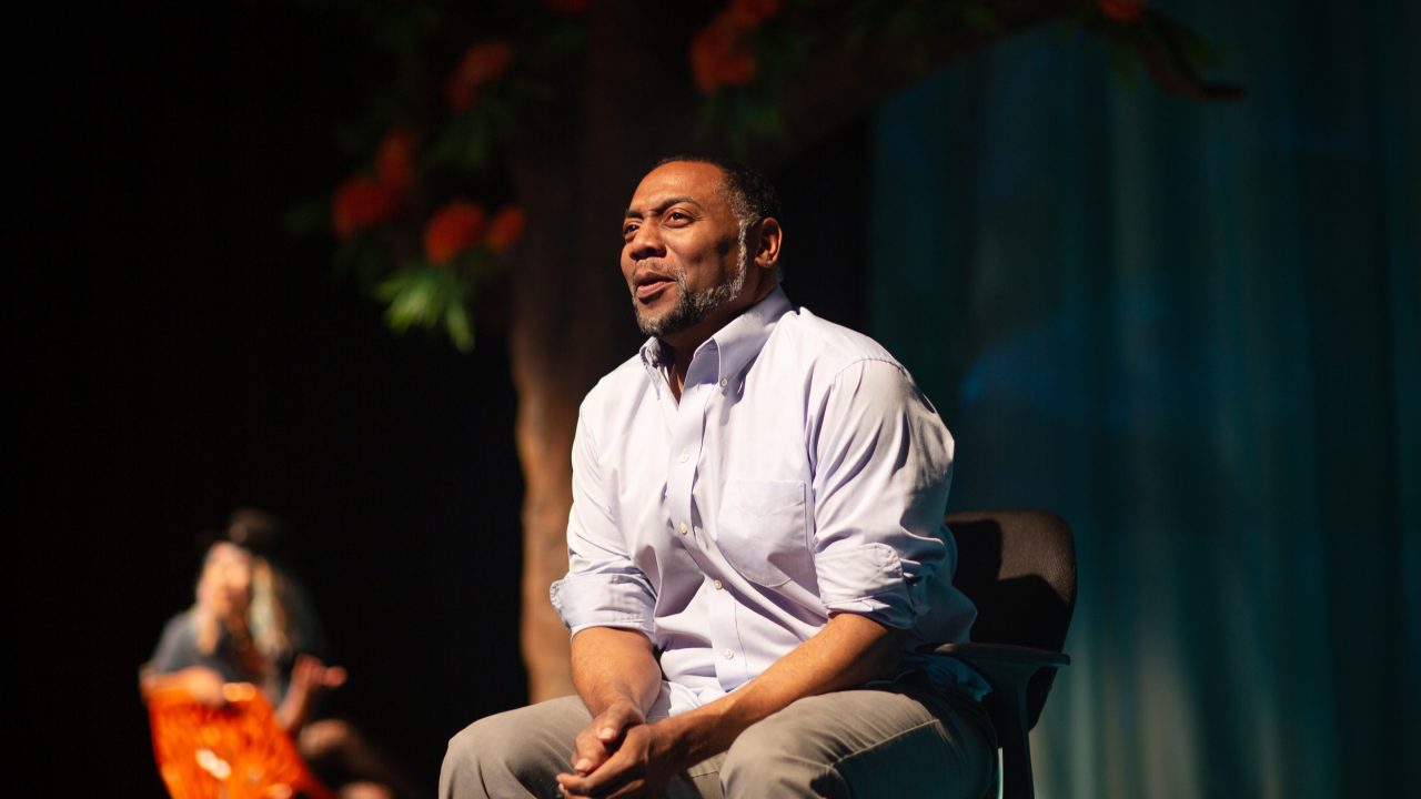 Chutes&Ladders (Dorian Lockett*, right) connects across cyberspace with Orangutan (Sango Tajima) in 'Water by the Spoonful' at San Francisco Playhouse.