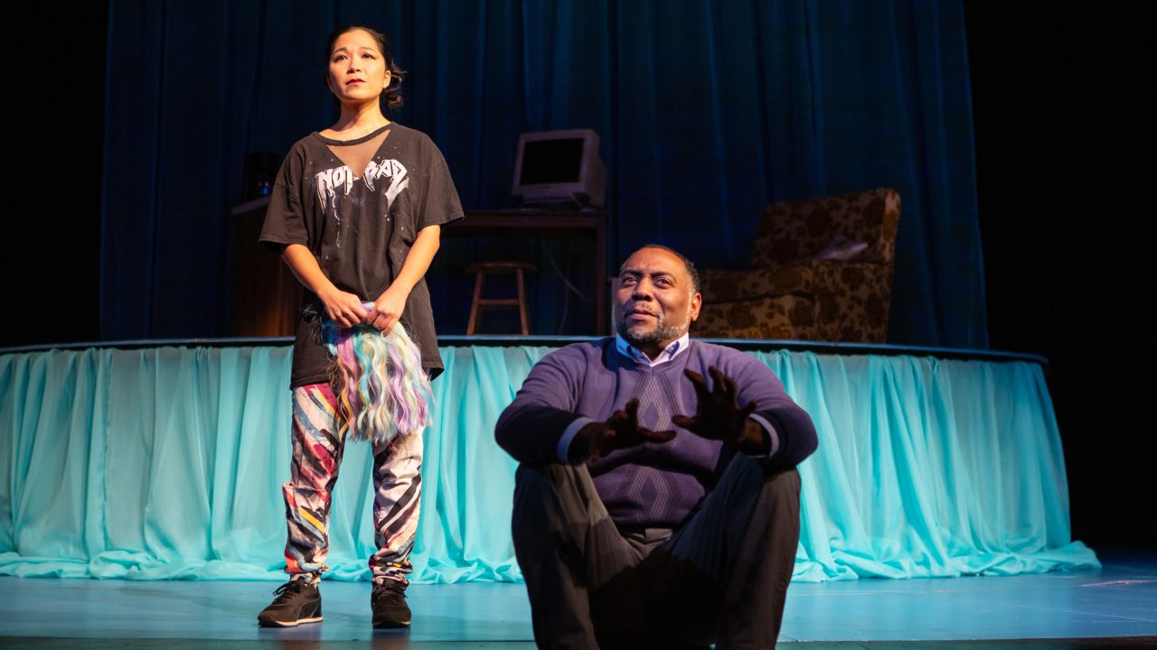 Chutes&Ladders (Dorian Lockett*, right) connects across cyberspace with Orangutan (Sango Tajima) in 'Water by the Spoonful' at San Francisco Playhouse.
