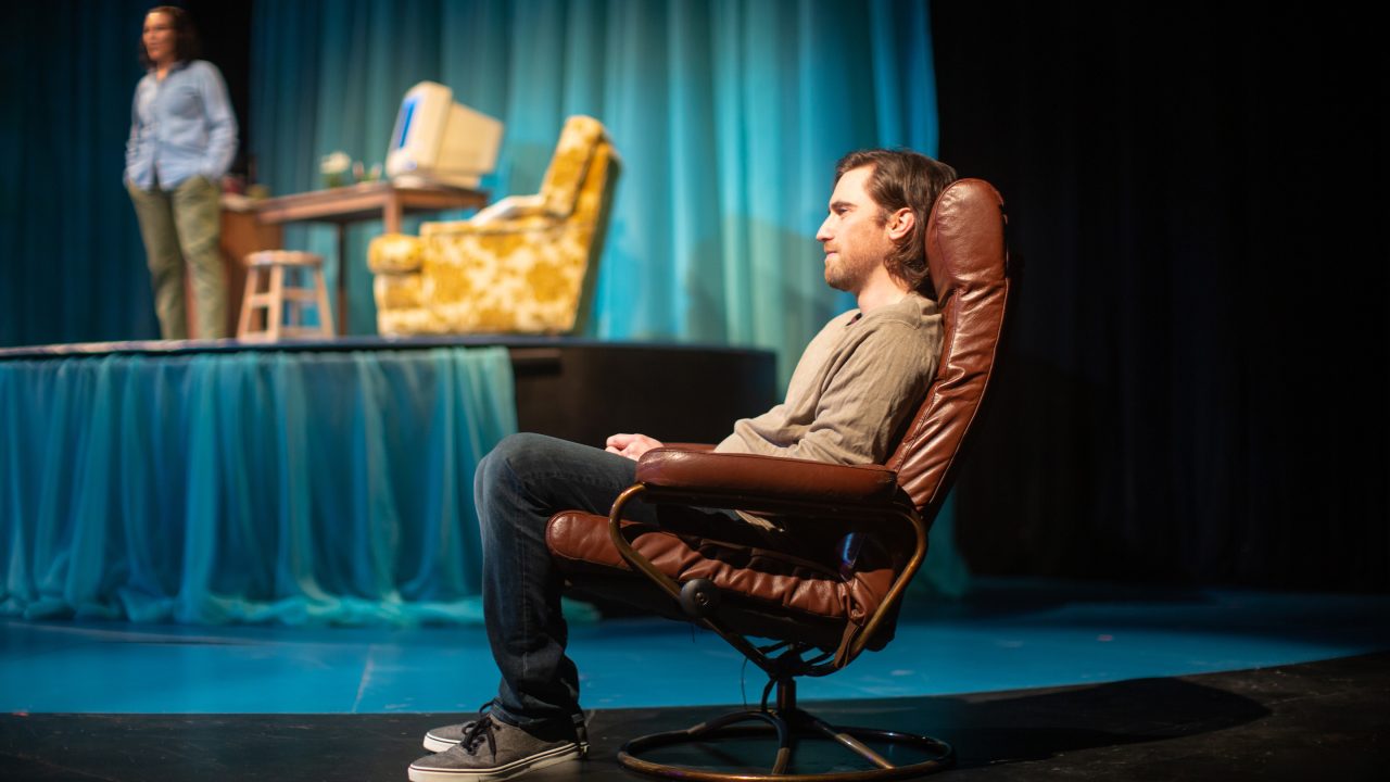 Fountainhead (Ben Euphrat*, right) logs on for an online conversation with Odessa Ortiz (Lisa Ramirez*) in 'Water by the Spoonful' at San Francisco Playhouse.