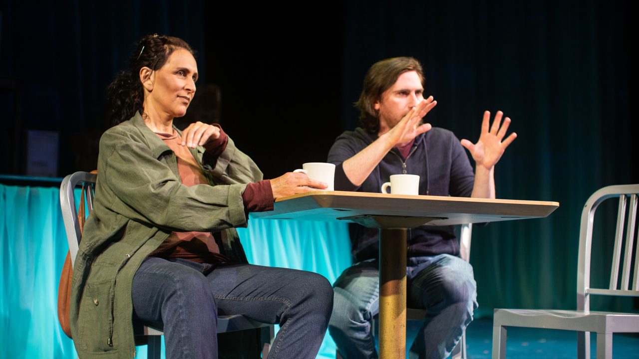 Odessa Ortiz (Lisa Ramirez*) and Fountainhead (Ben Euphrat*) meet in real life. Fountainhead (Ben Euphrat*) turns to an online community to help him recover from addiction in 'Water by the Spoonful' at San Francisco Playhouse.
