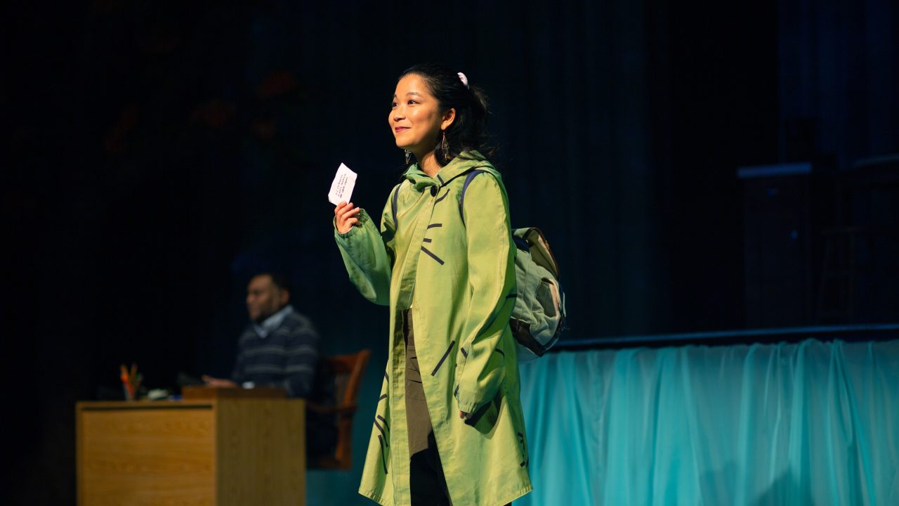 Orangutan (Sango Tajima, right) tries to break through to Chutes&Ladders (Dorian Lockett*) in an online chat in 'Water by the Spoonful' at San Francisco Playhouse.