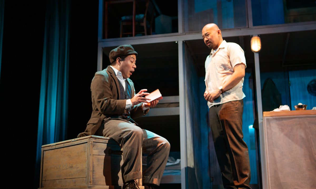 Poet (Will Dao*) and Harry (Jomar Tagatac*) memorize the backstories of their paper identities in 'The Paper Dreams of Harry Chin' at San Francisco Playhouse.