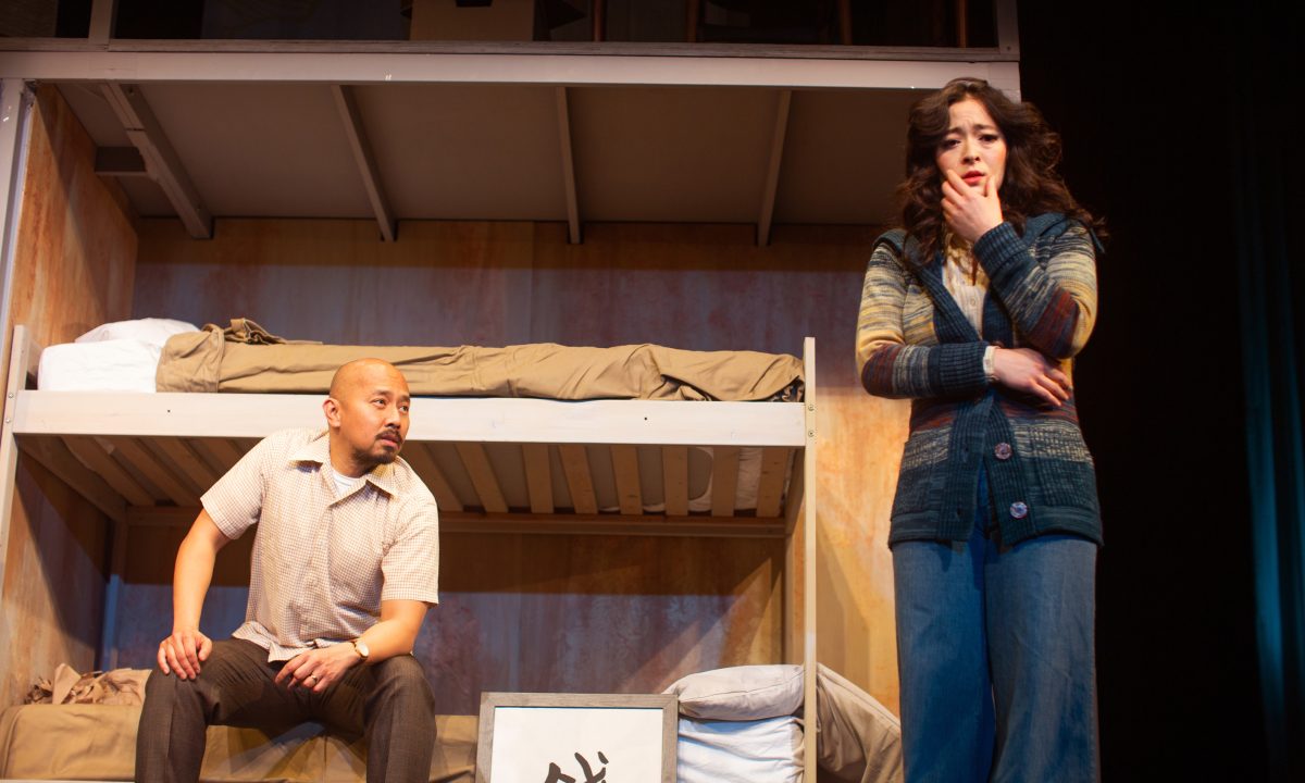 Harry's (Jomar Tagatac*) memory is interrupted by his daughter, Sheila (Kina Kantor*) in 'The Paper Dreams of Harry Chin' at San Francisco Playhouse.