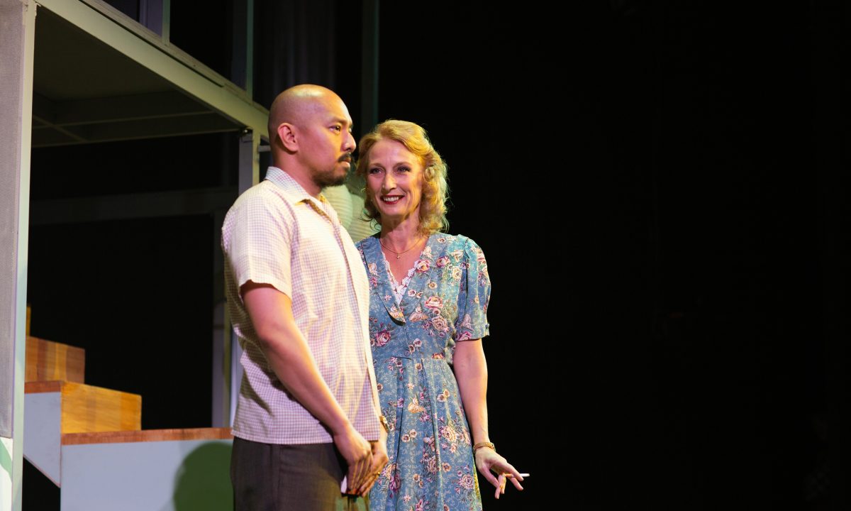 Harry (Jomar Tagatac*) and Laura (Carrie Paff*) meet for the first time in 'The Paper Dreams of Harry Chin' at San Francisco Playhouse.