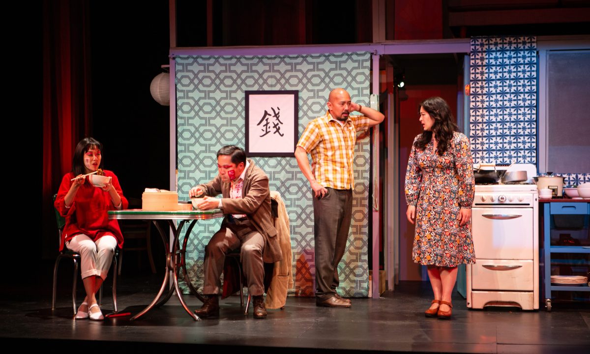 As the Seventh Month arrives, Harry welcomes faces from his past in 'The Paper Dreams of Harry Chin' at San Francisco Playhouse. L-R: Sharon Shao, Will Dao*, Jomar Tagatac*, Kina Kantor*.