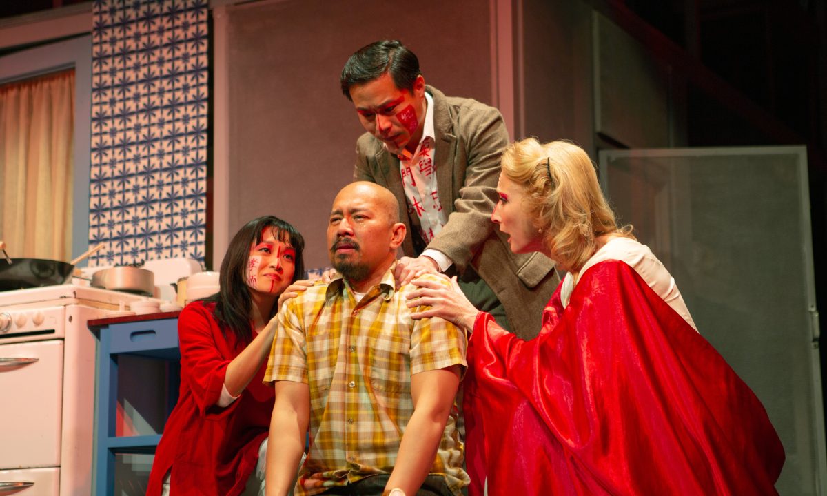 Harry (Jomar Tagatac*) is consoled by figures from his past (Sharon Shao, Will Dao*, Carrie Paff*) in 'The Paper Dreams of Harry Chin' at San Francisco Playhouse.