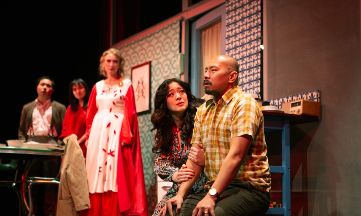 Poet (Will Dao*), Yuet (Sharon Shao), and Laura (Carrie Paff*) visit Sheila (Kina Kantor*) and Harry (Jomar Tagatac*) in 'The Paper Dreams of Harry Chin' at San Francisco Playhouse.