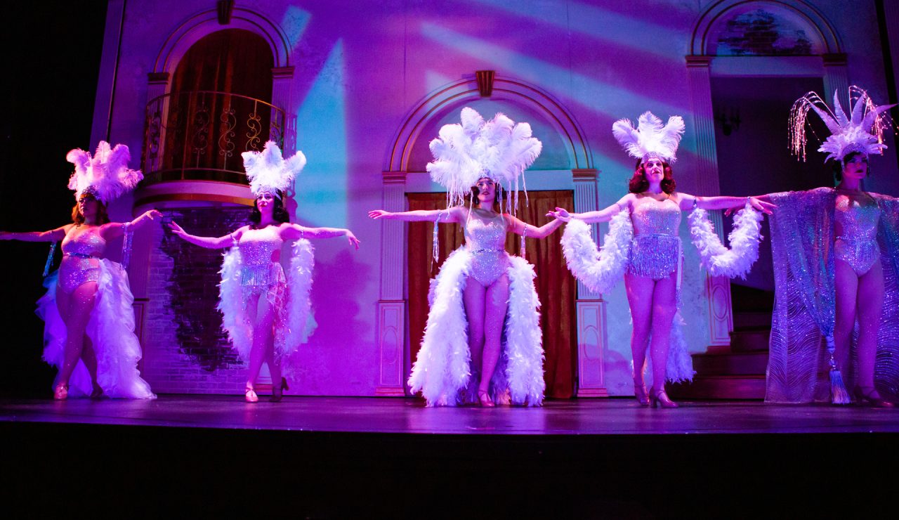 The ghosts of Follies past (L-R: Catrina Manahan, Samantha Rose Cárdenas, Ann Warque, Danielle Cheiken, and Emily Corbo) welcome you to Dimitri Weismann’s theatre!