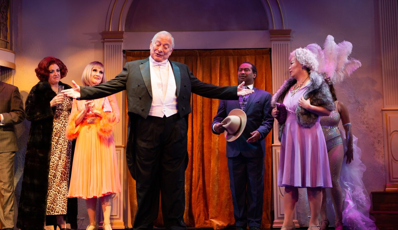 Dimitri Weissman (Louis Parnell*, center) welcomes his guests (L-R) Carlotta Campion (Cindy Goldfield*), Solange LaFitte (Jill Slyter), Theodore Whitman (Rene Collins), and Emily Whitman (Eiko Yamamoto).