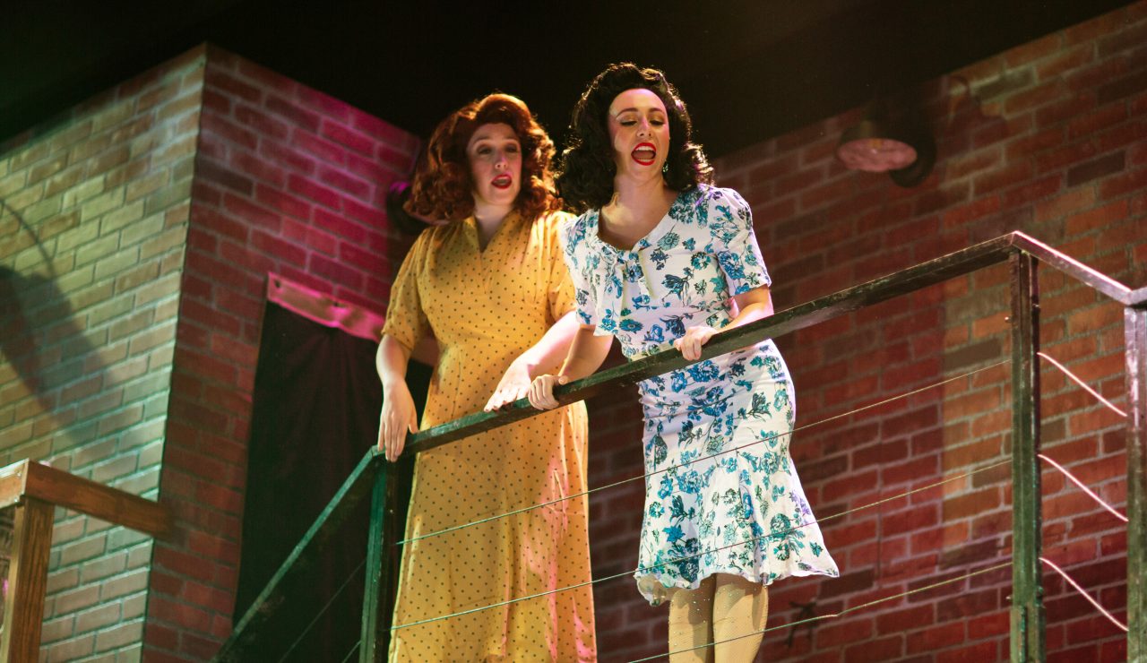 Young Phyllis (Danielle Cheiken, left) and Young Sally (Samantha Rose Cárdenas*, right) re-live memories of the boys Waiting for the Girls Upstairs.