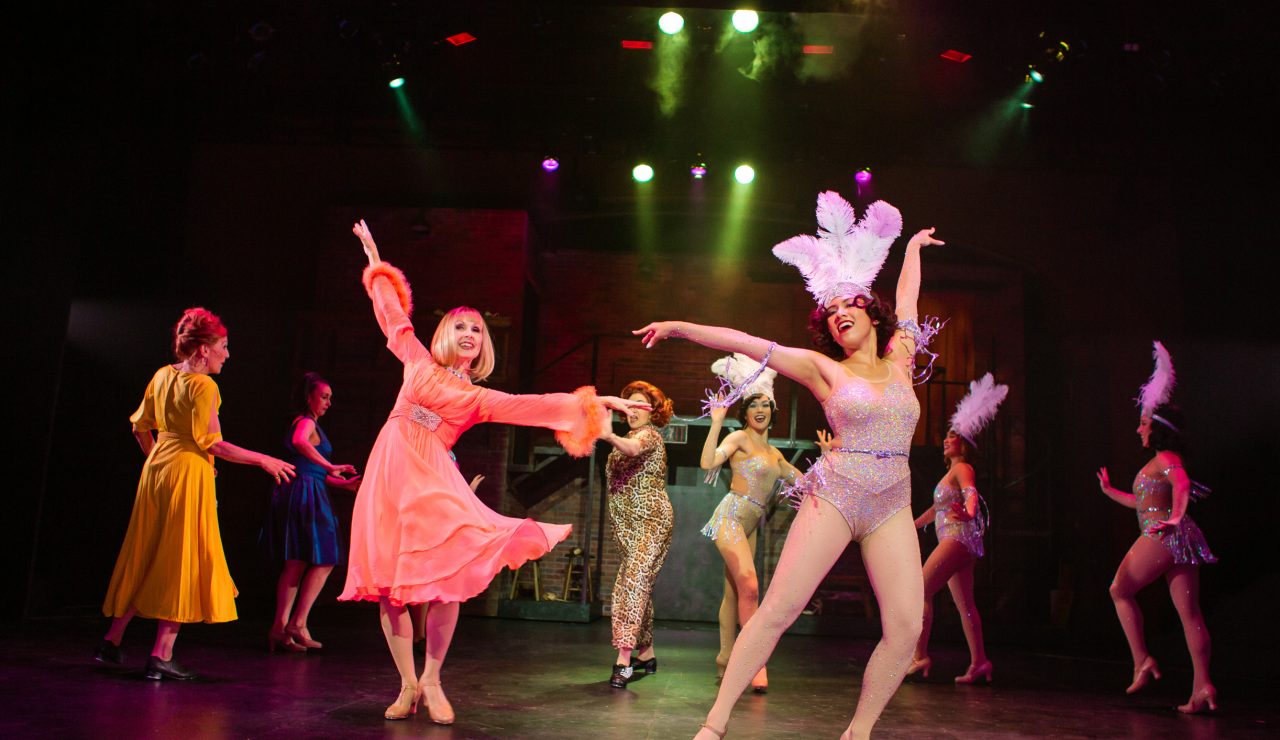 L-R: Phyllis Rogers Stone (Maureen McVerry*), Sally Durant Plummer (Natascia Diaz*), Solange LaFitte (Jill Slyter), Carlotta Campion (Cindy Goldfield*), and the Follies ensemble (Emily Corbo, Ann Warque, Catrina Manahan, and Samantha Rose Cárdenas*) join in on the fun.