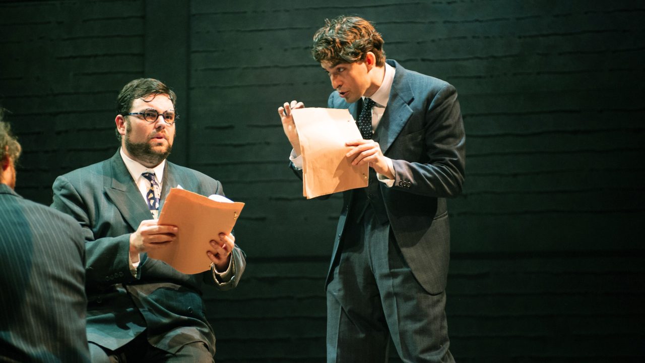 The troupe recreates the first reading of Sholem Asch's 'The God of Vengeance': Asch, played by Avram (Billy Cohen*, right) passionately presents his play to Nakhmen, played by Mendel (Ted Zoldan, left), for the first time. Production photography by Jessica Palopoli for 'Indecent' by Paula Vogel at San Francisco Playhouse.