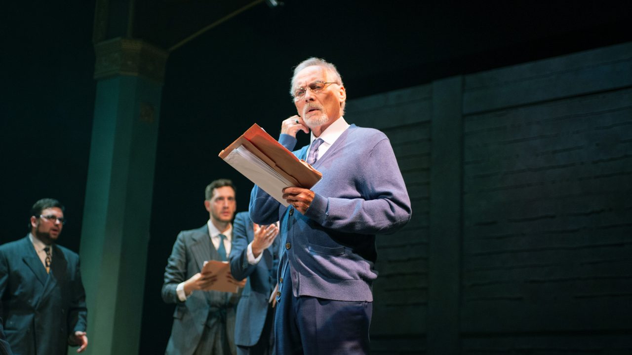 The troupe recreates the first reading of Sholem Asch's 'The God of Vengeance' (L-R): Nakhmen, played by Mendel (Ted Zoldan), Lemml, as himself (Dean Linnard*), and Peretz, played by Otto (Victor Talmadge*), all bear witness to Sholem Asch's genius writing. Production photography by Jessica Palopoli for 'Indecent' by Paula Vogel at San Francisco Playhouse.