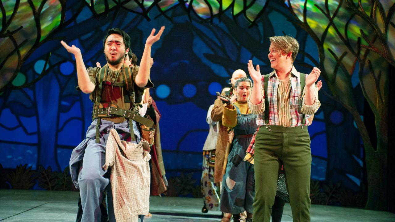 William (Johann Santiago Santos) and Andy (Ezra Reaves) dance together in the forest of Arden in San Francisco Playhouse's musical version of "As You Like It," performing now through January 14, 2023.