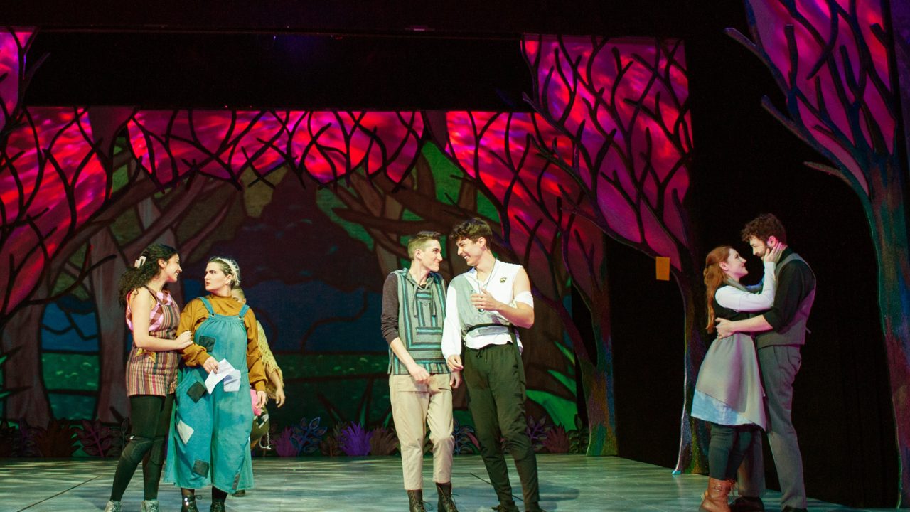 Couples (l to r: Sophia Alawi, Emily Dwyer, River Navaille, Nikita Burshteyn, Abigail Esfira Campbell, and Ryan Torres) pair off in the forest of Arden in San Francisco Playhouse's musical version of "As You Like It," performing now through January 14, 2023.