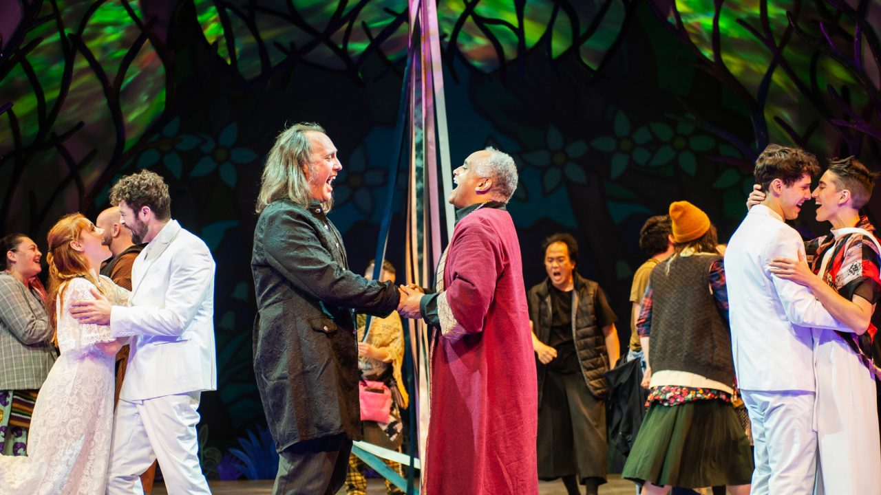 Common ground is found in the Forest of Arden, including (left to right) lovers Celia (Abigail Esfira Campbell) and Oliver (Ryan Torres), estranged brothers Duke Frederick (Will Springhorn Jr.) and Duke Senior (Michael Gene Sullivan) and Nikita Burshteyn (Orlando) and River Navaille (Rosalind) in San Francisco Playhouse's musical version of "As You Like It," performing now through January 14, 2023.