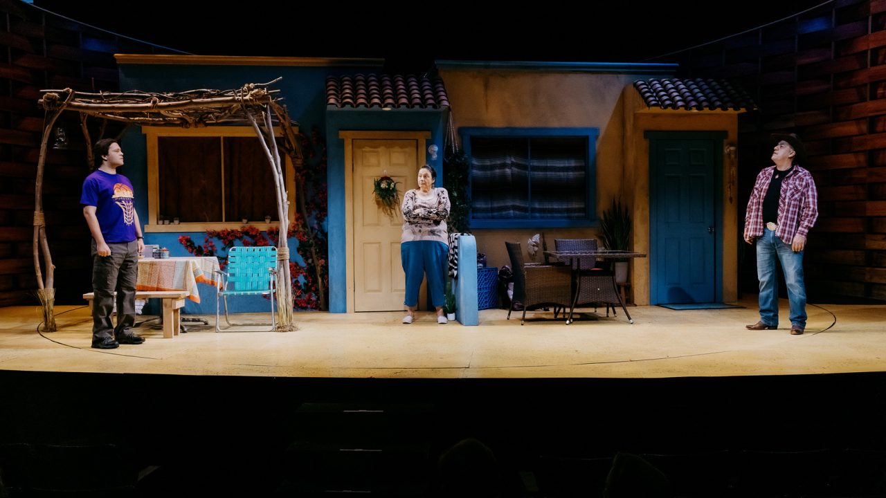 Levi (Chingwe Padraig Sullivan) and Nan (Sheila Tousey) are surprised by the arrival of Buddy (Matt Kizer) in San Francisco Playhouse's World Premiere of "Cashed Out," performing January 26 - February 25.