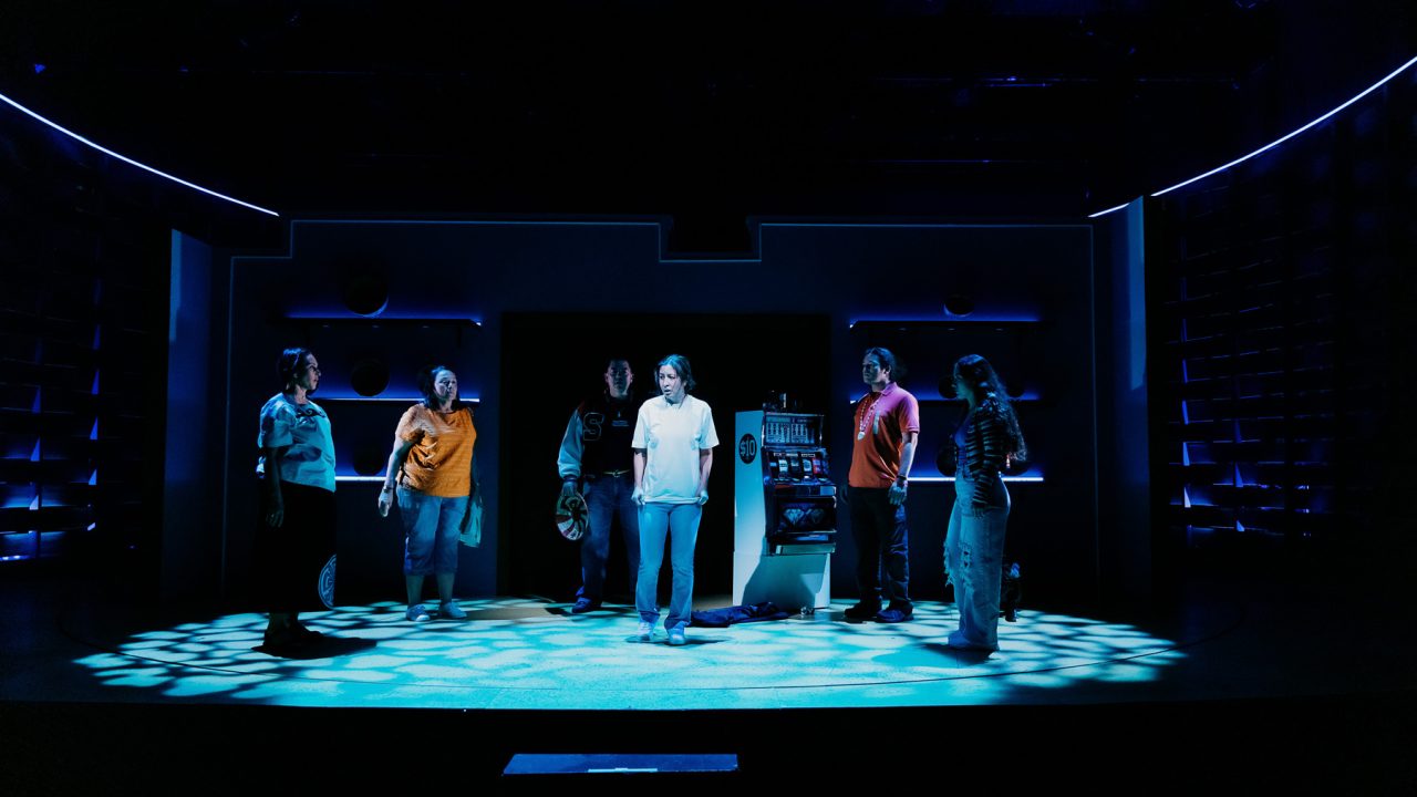 Rocky (center: Rainbow Dickerson) is confronted by memories of her friends and family (l to r: Lisa Ramirez, Sheila Tousey, Matt Kizer, Chingwe Padraig Sullivan, Louisa Kizer) in San Francisco Playhouse's World Premiere of "Cashed Out," performing January 26 - February 25.