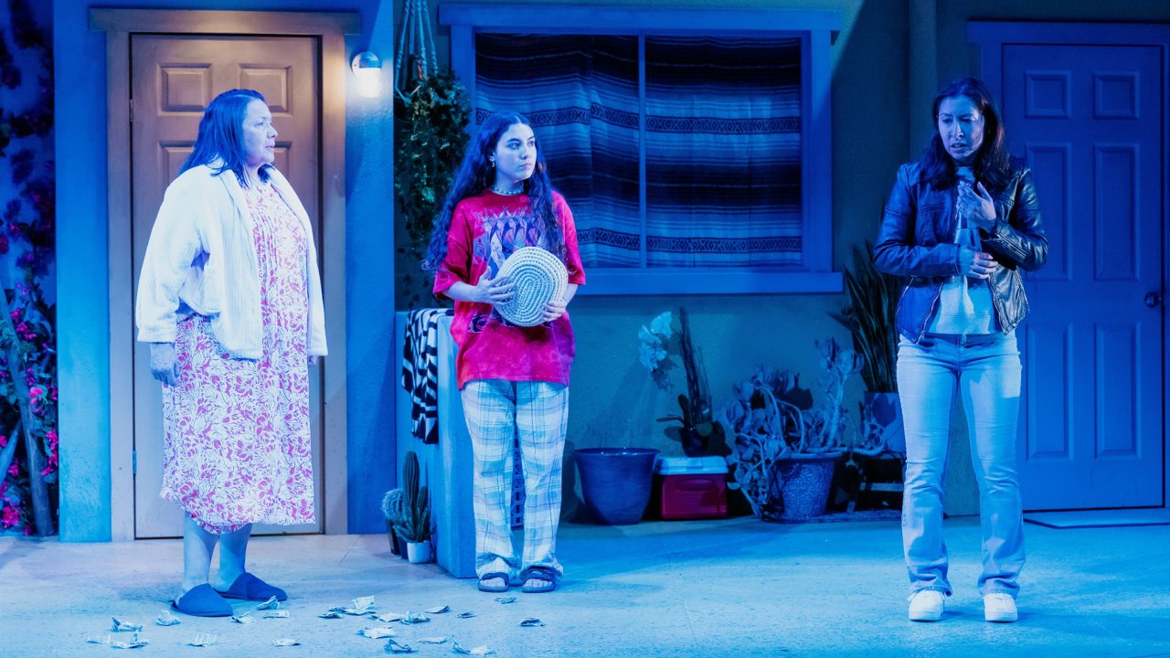 Nan (Sheila Tousey) and Maya (Louisa Kizer) confront Rocky (Rainbow Dickerson) in San Francisco Playhouse's World Premiere of "Cashed Out," performing January 26 - February 25.