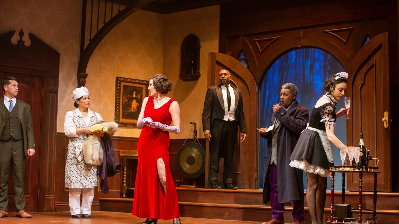 Boddy Manor staff and guests (l to r: Greg Ayers, Eiko Yamamoto, Courtney Walsh, Dorian Lockett, Albert Hodge, Margherita Ventura) gather for a strange dinner party in San Francisco Playhouse's "Clue," performing March 9 - April 22.