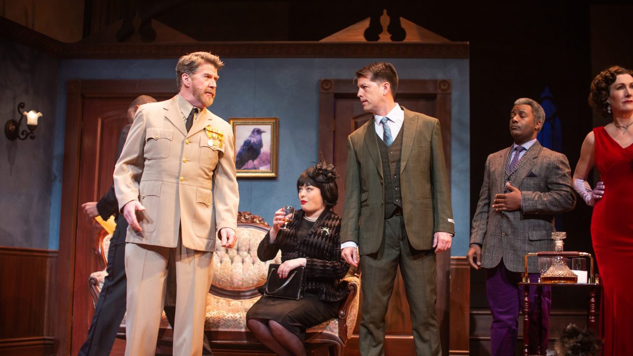 Colonel Mustard (Michael Ray Wisely) confides in Mrs. White (Renee Rogoff) and Mr. Green (Greg Ayers) in San Francisco Playhouse's "Clue," performing March 9 - April 22.