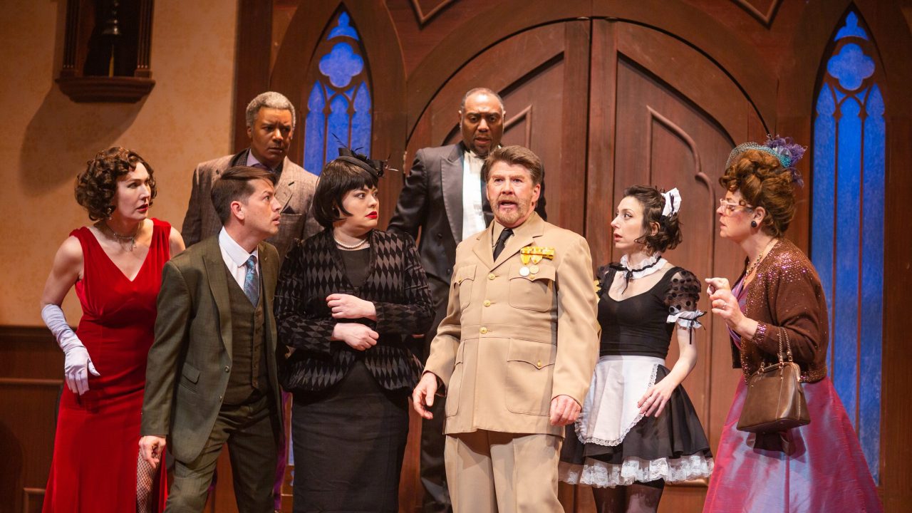 Boddy Manor's guests share their suspicions about the murders that keep happening in San Francisco Playhouse's "Clue," performing March 9 - April 22.