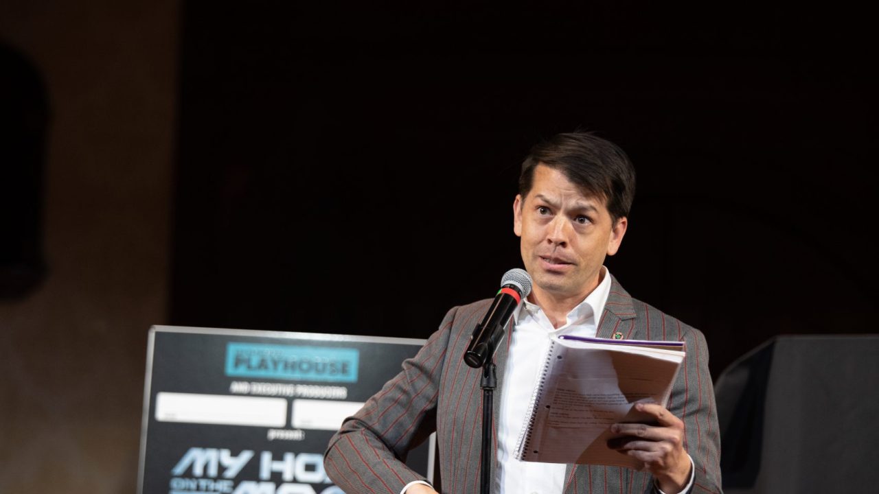 Greg Ayers performs a scene at the Season Announcement Party.