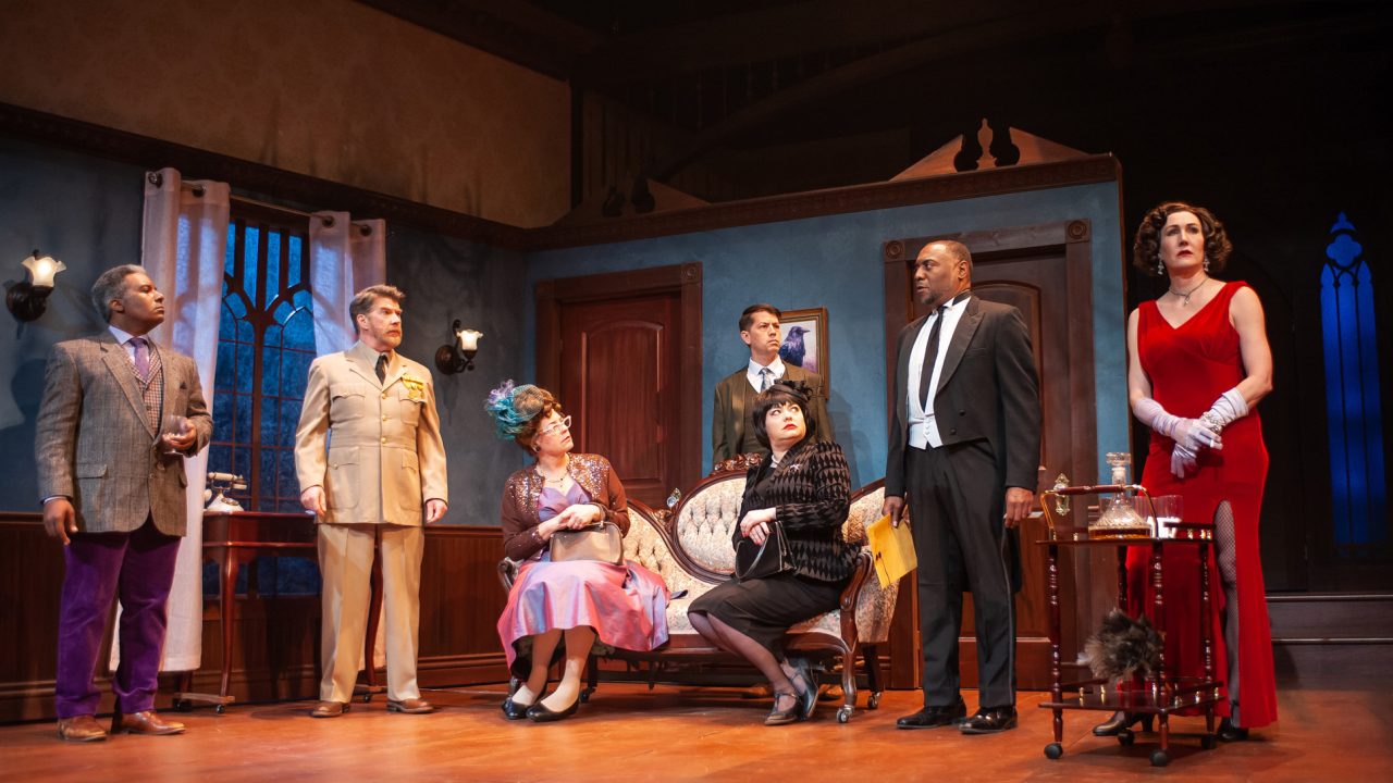 Colonel Mustard (Michael Ray Wisely), Mrs. Peacock (Stacy Ross), Mr. Green (Greg Ayers), Mrs. White (Renee Rogoff), Wadsworth (Dorian Lockett), and Miss Scarlet (Courtney Walsh) question everything in San Francisco Playhouse's "Clue," performing March 9 - April 22.