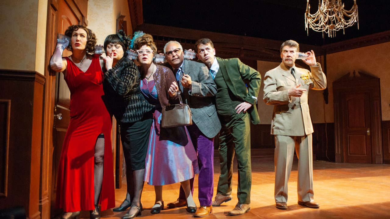 Miss Scarlet (Courtney Walsh), Mrs. White (Renee Rogoff), Mrs. Peacock (Stacy Ross), Professor Plum (Michael Gene Sullivan), Mr. Green (Greg Ayers), and Colonel Mustard (Michael Ray Wisely) eavesdrop in San Francisco Playhouse's "Clue," performing March 9 - April 22. Clue