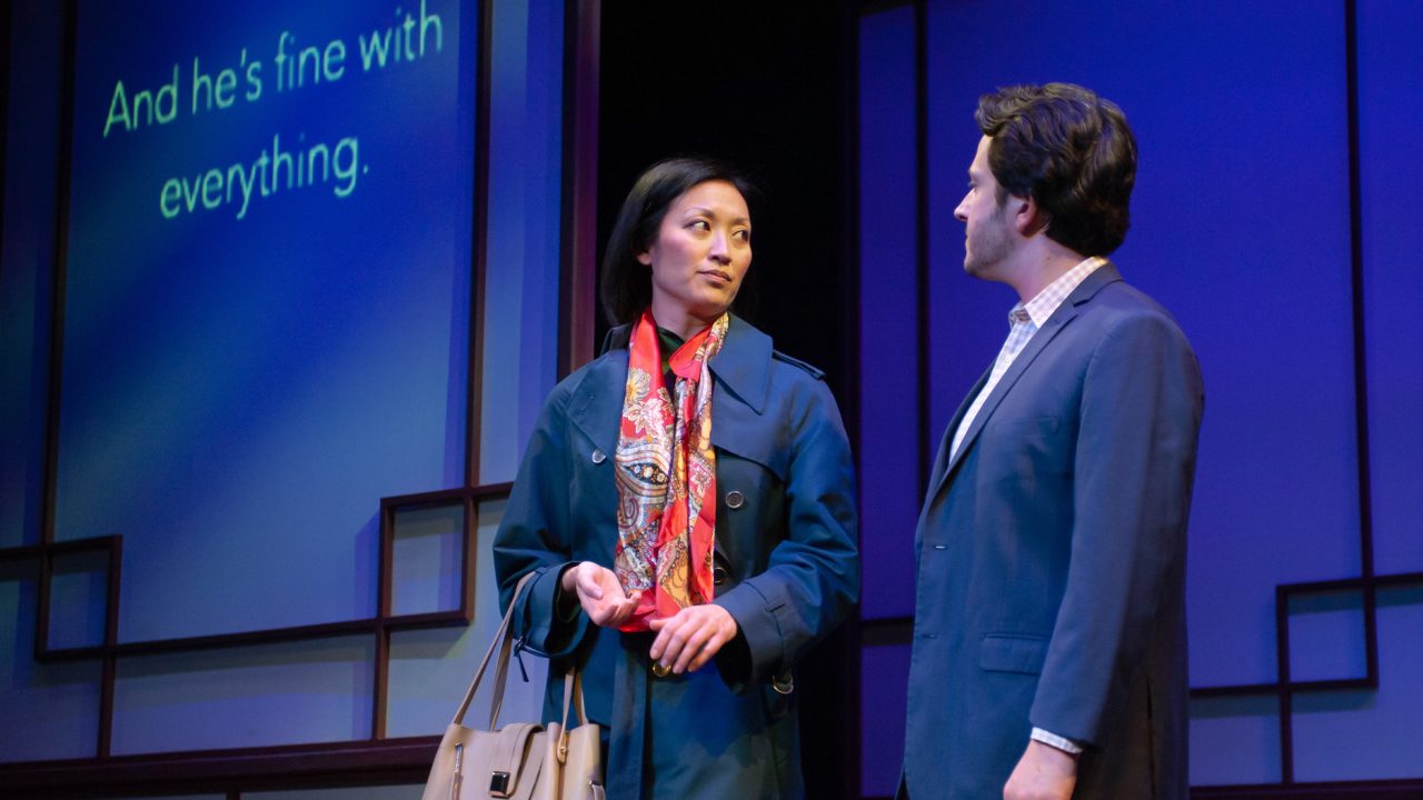 Vice minister Xi Yan (Nicole Tung) makes a confession to Peter Timms (Matthew Bohrer) in San Francisco Playhouse's "Chinglish," performing May 4 - June 10.